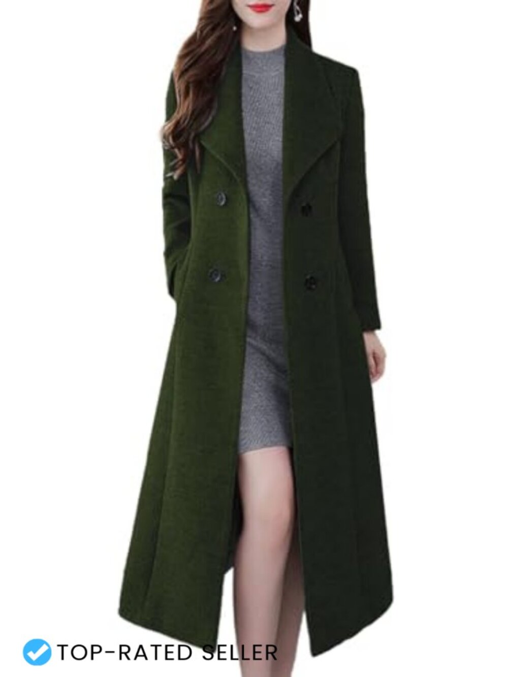 Wool Blend Shawl Lapel Double Breasted Midi Pea Coat Lined Pockets